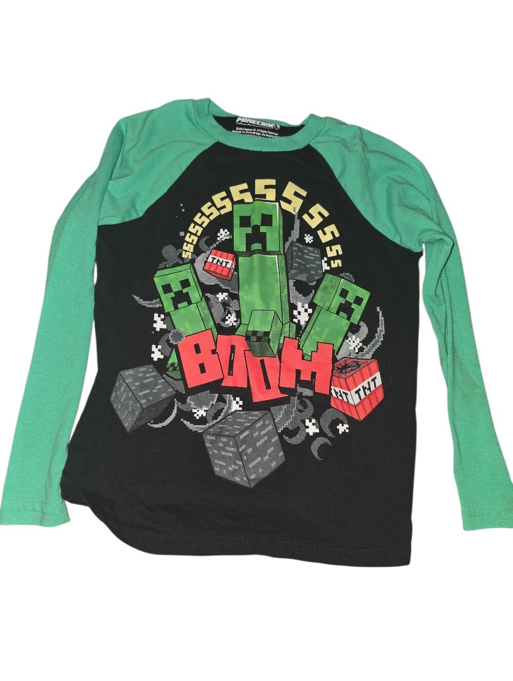 8/2/5. Minecraft Boys' Green & Black Long Sleeve 'Boom' Creeper Tee